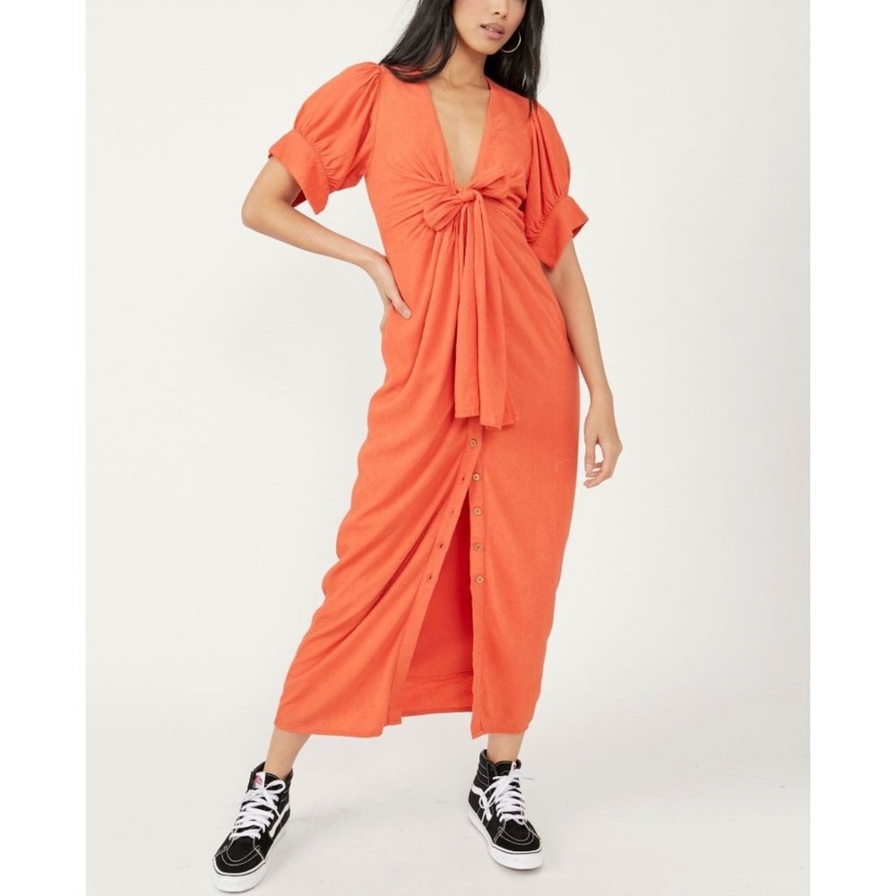 New Free People Tangerine Tango Vintage Summer Linen Blend Maxi Dress Medium